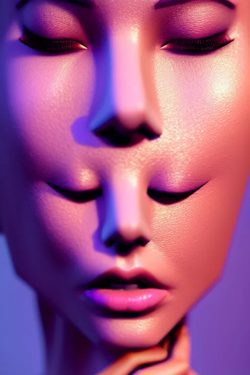 Image similar to beautiful female, attractive facial features, haze, model, intricate, symmetrical face, makeup, sephora, maybelline, studio, reflections, cinematic, filmic, vsco, concept art, artstation, elegant, model, gorgeous, vray, flim, octane render, ambient occlusion, prism details