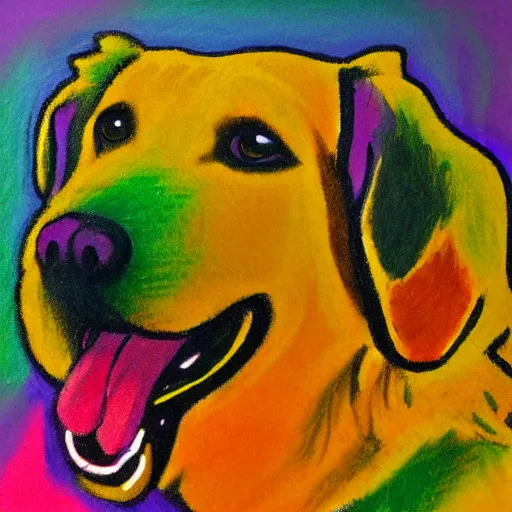 Image similar to oil pastel portrait of a golden retriever with its tongue out, green yellow gradient background