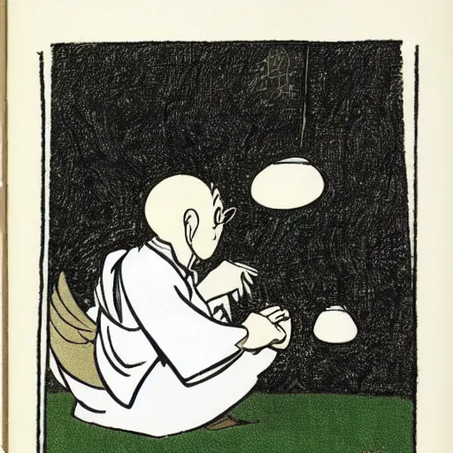 Prompt: Pensive Wizard Examining Eggs, by Osamu Tezuka.