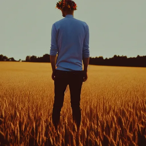 Image similar to lomography color 4 0 0 photograph of a skinny blonde guy standing in a field of wheat, flower crown, back view, golden ratio, light leak, grain, moody lighting, telephoto, 9 0 s vibe, blurry background, vaporwave colors!, faded!,