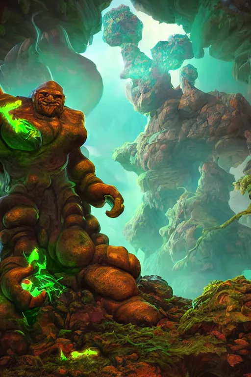 Image similar to arcane fantasy art giant golem elemental wood rock bastion forged gemstone enchanted forest troll, global illumination ray tracing hdr fanart arstation by sung choi and eric pfeiffer and gabriel garza and casper konefal lisa frank zbrush central hardmesh radiating a glowing aura