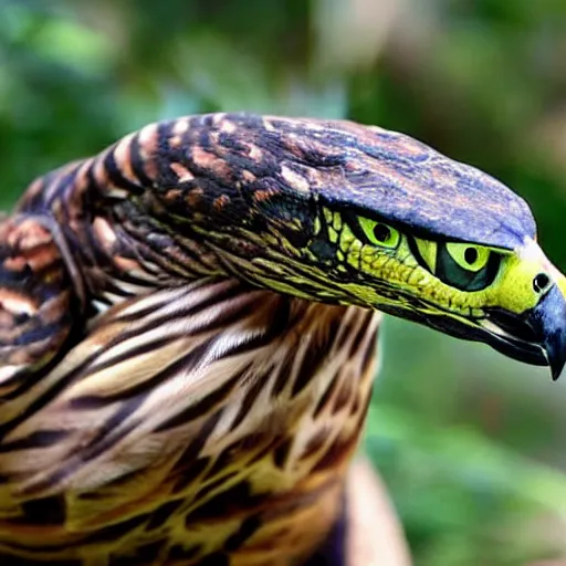 Prompt: hawk and anaconda morphed together, half anaconda half hawk, reptilian and avian features, real photo taken in zoo, highly detailed