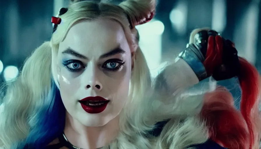 Image similar to Margot Robbie as Harley Quinn, detailed high contrast lighting, spherical lens, IMAX cinematography by Roger Deakins 4k