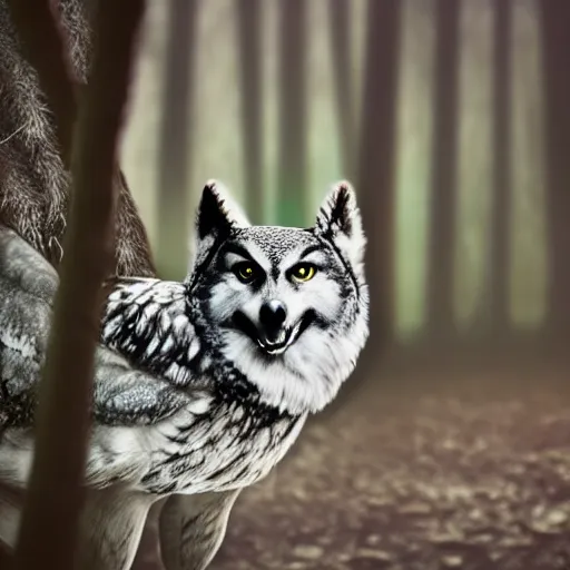 Image similar to mixture between an! owl and wolf, photograph captured in a dark forest