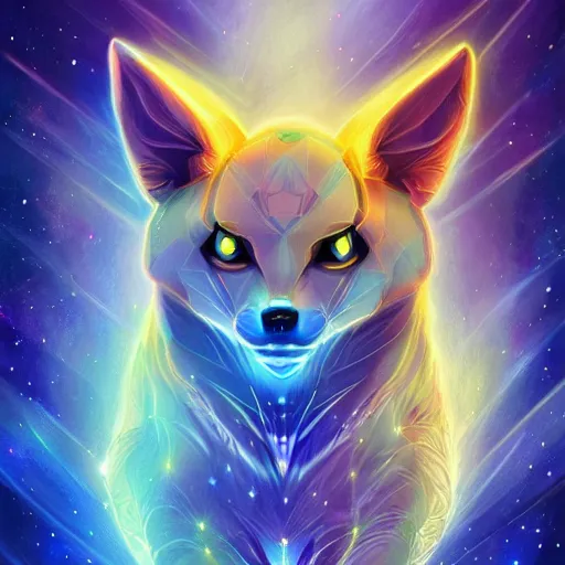 Image similar to geometric symmetrical jolteon with galaxy eyes in space, nebula in the background, intricate, elegant, highly detailed, digital painting, artstation, concept art, smooth, sharp focus, illustration, art by artgerm