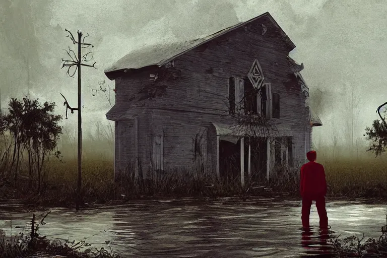 Image similar to scene from louisiana swamps, old protestant church with neon satanic pentagram, junkyard by the road, boy scout troop, voodoo artwork by tim eitel