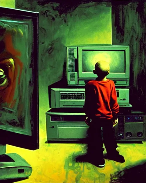 Image similar to 8k professional photo of an 8 years old enlightened and scared boy standing in front of an old computer from 90s with a game doom2 at the monitor screen. painting by Adrian Ghenie and Willem de Kooning , still from a movie by Gaspar Noe and James Cameron