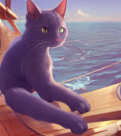 Image similar to a Russian Blue cat pirate on a boat, sitting down, captain hat, proud, shallow depth of field. By Makoto Shinkai, Stanley Artgerm Lau, WLOP, Rossdraws, James Jean, Andrei Riabovitchev, Marc Simonetti, krenz cushart, Sakimichan, trending on ArtStation, digital art