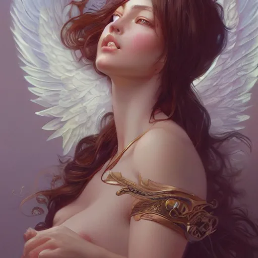 Image similar to ultra realistic illustration, oliva wilde angel anime, intricate, elegant, highly detailed, digital painting, artstation, concept art, smooth, sharp focus, illustration, art by artgerm and greg rutkowski and alphonse mucha