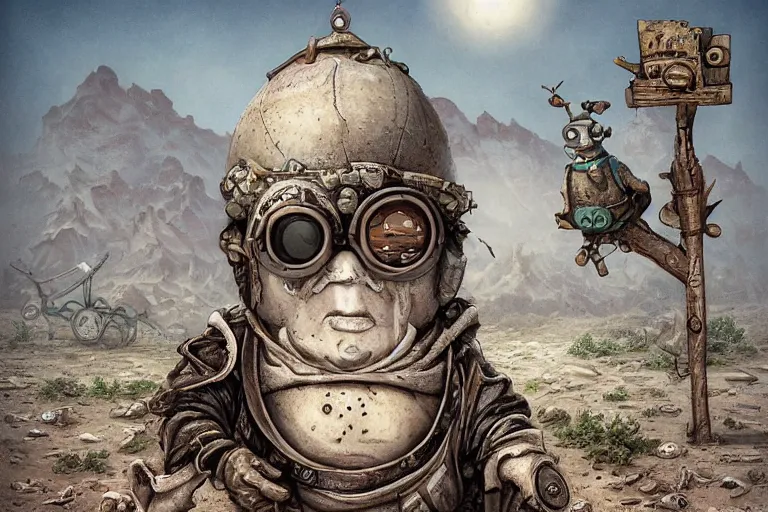 Image similar to a highly detailed forgotten garden gnome wearing goggles and head scarf surviving in a vast barren desert, hopeless wasteland background with a relentless raging sun overhead, post - apocalyptic road warrior vibe, full body, wide angle, an ultrafine detailed painting by joe fenton, trending on deviantart, pop surrealism, whimsical, lowbrow, perfect symmetrical face, sharp focus, octane, masterpiece