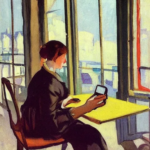 Prompt: a girl with phones sits at a table in a sunny room, the window is open, by valentin serov