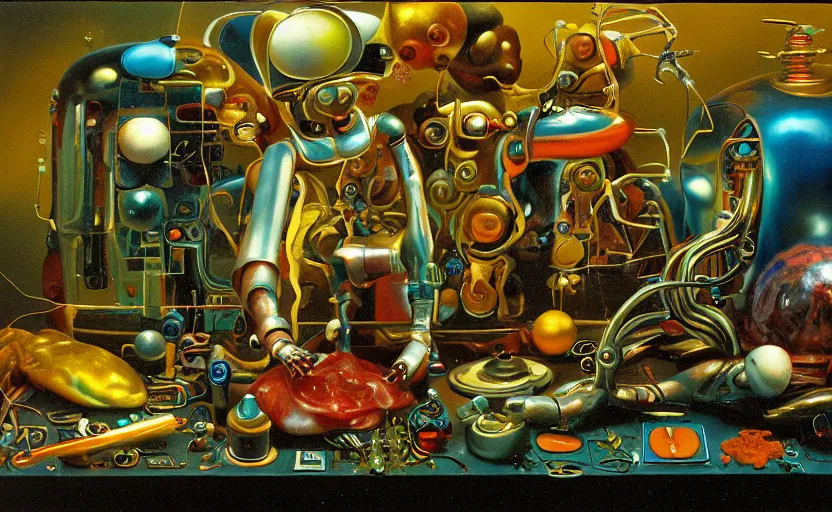 Image similar to strange futuristic robot body, disturbing colorful oil painting dutch golden age vanitas still life sparse composition with bizarre objects strange gooey transparent surfaces shiny metal reflections bizarre mutant meat insects rachel ruysch dali todd schorr very detailed perfect composition rule of thirds masterpiece canon 5 0 mm, cinematic lighting, photography, retro, film, kodachrome