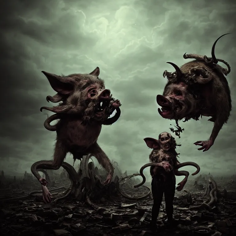 Prompt: portrait of a demon with pig body, monkey head, down curved horns, four hands on exoplanet, wrecked technology, dark clouds, surreal abandoned buildings, dream-like heavy atmosphere, baroque painting, beautiful detailed intricate insanely detailed octane render trending on Artstation, 8K artistic photography, unreal engine, photorealistic, dramatic volumetric cinematic light, chiaroscuro, award-winning photograph, masterpiece, Raphael, Caravaggio, Beksinski, Giger