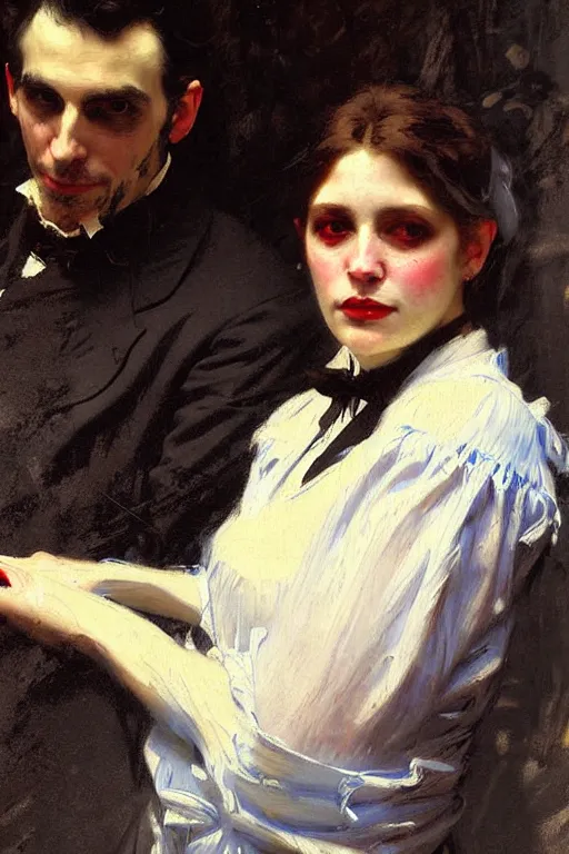 Image similar to impressionist brushstrokes!!!! solomon joseph solomon and richard schmid and jeremy lipking victorian loose genre loose painting full length portrait painting of a victorian vampire