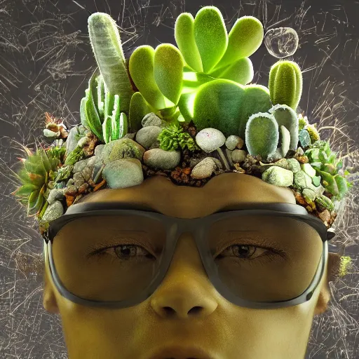 Prompt: succulents and cactus growing inside a human head side on made out of glass, 8 k detailed photograph, unreal engine