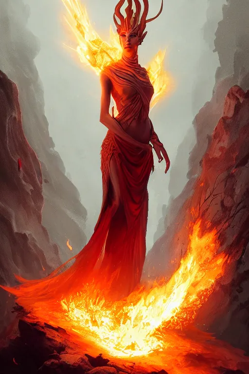 Image similar to fantasy character art by laura zalenga and alexander holllow fedosav, eldritch volcanic fire goddess clothed in a flaming gown, volcanic embers, magma, diffused lighting, by greg rutkowski, by peter mohrbacher, by brom, hyperrealism, detailed face, 8 k dop dof hdr