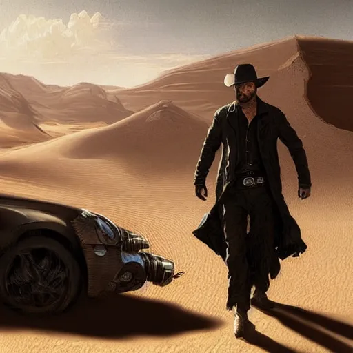 Image similar to the man in black fled across the desert, the gunslinger followed. Highly detailed painting Greg rutkowski. Good clear quality, high detail, octagon render 8k