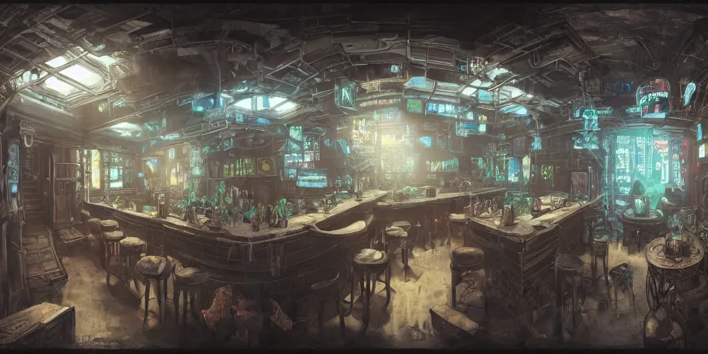 Image similar to Very Highly detailed realistic Digital concept interior design in style of Hiromasa Ogura and Josan Gonzalez of cyberpunk tavern with stone walls and neon lights, a lot of electronics, many details. Natural white sunlight from the transperient roof. Panorama on 360 degrees Rendered in VRAY and DaVinci Resolve and MAXWELL and LUMION 3D, Volumetric natural light