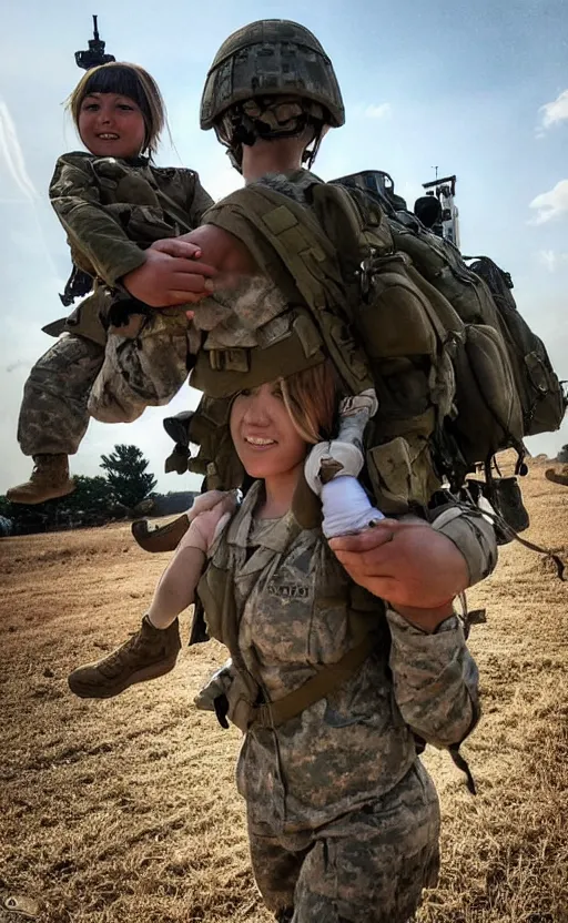 Prompt: female soldier carrying a small girl on the shoulder into a transport helicopter for the extraction, highly detailed, high resolution, war footage, stunning, real world, real sunset, in the middle of the battlefield, girls frontline style, bokeh soft, 100mm, trending on instagram, by professional photographer, realistic human anatomy, realistic military carrier, soldier clothing, modern warfare, realistic guns