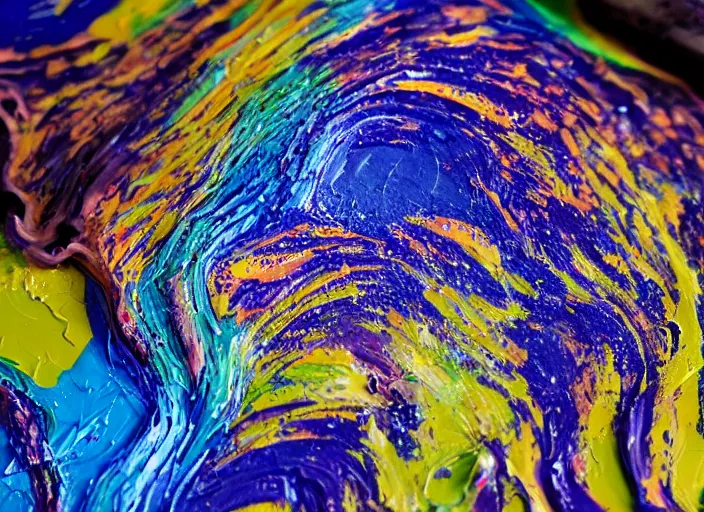 Image similar to still shot close up footage of a human head made of acrylic pour and splashing paint and dripping paint, thick impasto paint, embossed paint, big flying chunks of paint, motion blur, hyperrealistic, medical, intricate art photography, anatomically correct, realistic crisp textures, 1 6 k