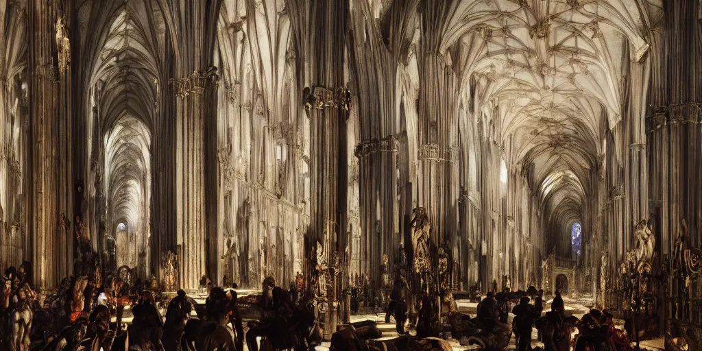 Prompt: Milan cathedral, by Eugène Delacroix and Francis Bacon and Micheal Whelan, Hieronymus Boch, artistic, intricate drawing, light brazen, realistic fantasy, extremely detailed and beautiful aesthetic, establishing shot, 8k resolution, dramatic lighting