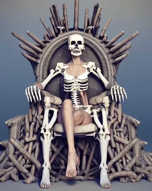 Image similar to computer rendering of a bone queen sitting on her throne, bone crown, skull earings, bone dress, throne made of bones, unreal engine, global illumination, radiant light, trending on artstation, 8 k, octane 3 d