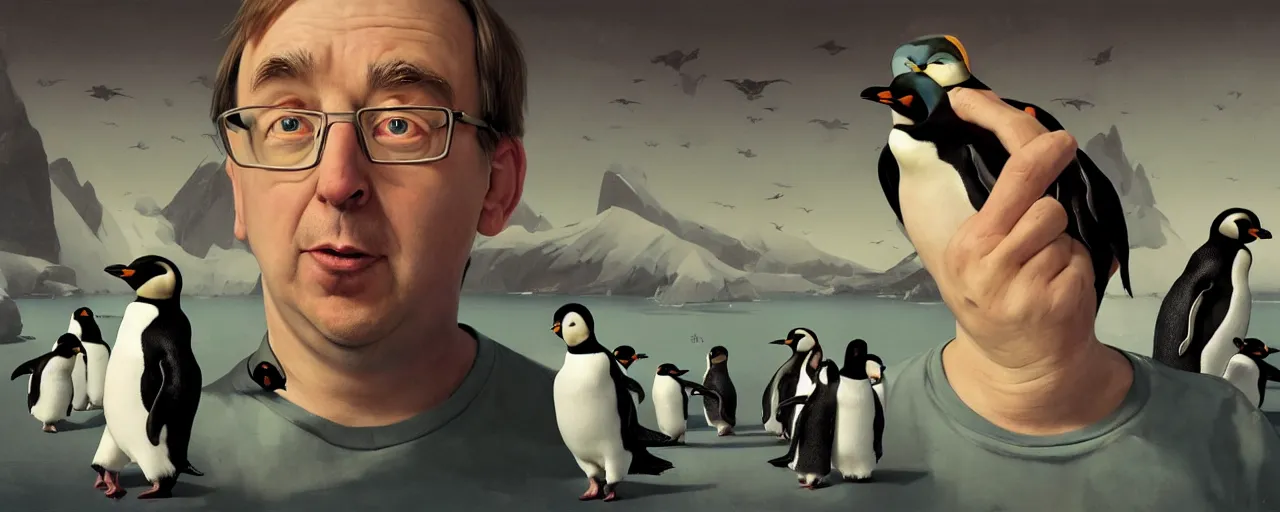 Image similar to duotone abstrac tconcept illustration 3 / 4 portrait of linus torvalds with penguins in the background. cinematic scene. vlumetric lighting. golden rario accidental renaissance. by sachin teng and sergey kolesov and ruan jia and heng z. graffiti art, scifi, fantasy, hyper detailed. octane render. concept art. trending on artstation