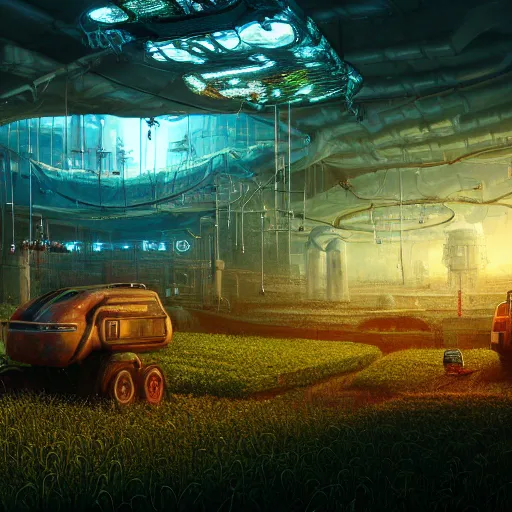 Image similar to fully detailed landscape of a cyberpunk farm underground , watertank, futuristic tractors, farmhouse, mushroom, overgrowth, Ai , Bots , drones , cinematic lightening, in the future, high quality, 8k , octane render, trending on artstation , greg rutowski