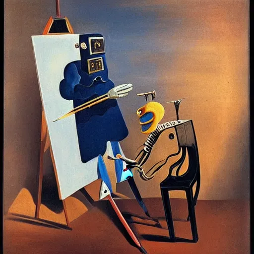 Prompt: Salvador Dali, Man holding a paintbrush screaming at a robot