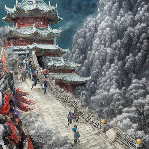 Image similar to dynamic composition, motion, ultra-detailed, incredibly detailed, a lot of details, amazing fine details and brush strokes, colorful and grayish palette, smooth, HD semirealistic anime CG concept art digital painting, watercolor oil painting of epic castle gate, from Three Kingdoms, by a Chinese artist at ArtStation, by Huang Guangjian, Fenghua Zhong, Ruan Jia, Xin Jin and Wei Chang. Realistic artwork of a Chinese videogame, gradients, gentle an harmonic grayish colors.