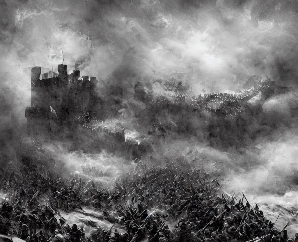 Image similar to Siege of a medieval castle in winter while two great armies face each other fighting below with banners and flags, catapults throw stones at the castle destroying its stone walls, heavy snow storm, fantasy, medieval, fire and explosions and grey smoke here and there, a huge dragon half covered by clouds of smoke and fog is lightly seen flying in the sky and throwing fire through its jaws, trending on Artstation, detailed oil on canvas painting by Rossdraws and Raoul Vitale