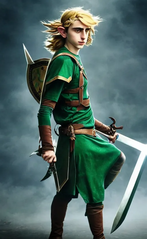 Image similar to epic cinemati shot of Timothee Chalamet starring as Link from Legend of Zelda, 8k movie scene, elf ears, long blonde blonde hair, green clothes, blue eyes, ++++++ super super super dynamic action posing, super serious facial expression, holding a sword & shield, ocarina of time movie, concept photos, dynamic lighting, dynamic shaders, night time, in the forest, fairy light above him