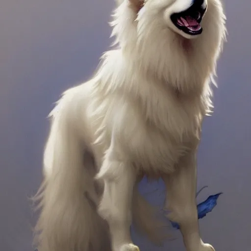 Image similar to samoyed dog, intricate, art by artgerm and greg rutkowski and alphonse mucha and william - adolphe bouguereau, high detailed, 4 k,