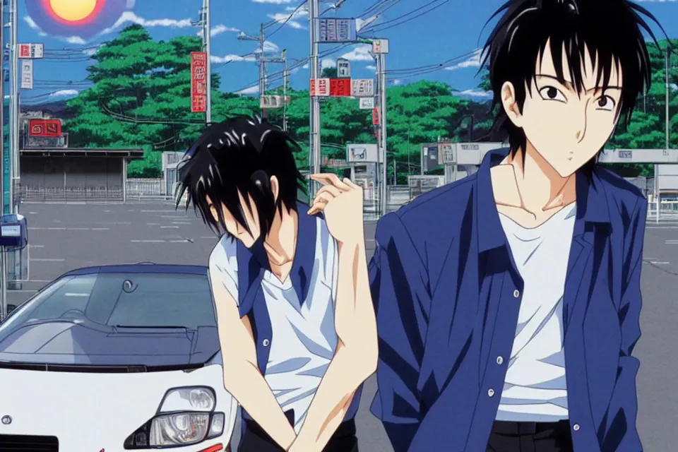 Image similar to very serious ryosuke takahashi with black hair wearing a dark blue shirt and white pants stands alone leaning on his white mazda rx 7 on an empty gas station, late evening sunset in japan, initial d anime 1 0 8 0 p, detailed anime face, high detail, 9 0 s anime aesthetic, volumetric lights, art by studio comet, pinterest wallpaper,