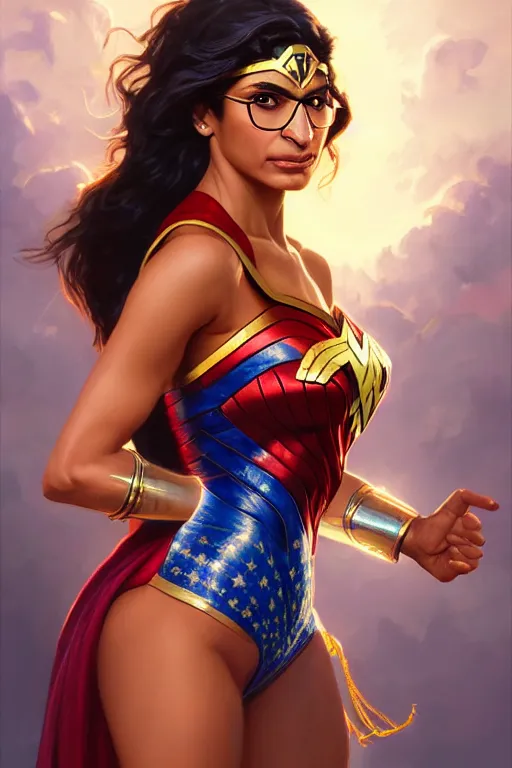 Image similar to mia khalifa as wonder women, portrait,, highly detailed, digital painting, artstation, concept art, smooth, sharp focus, illustration, cinematic lighting, art by artgerm and greg rutkowski and alphonse mucha