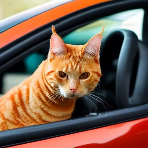 Image similar to an orange tabby cat driving a car