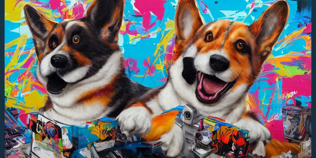 Image similar to beautiful painting of hiphop DJ corgi lofi breakdancing, by Tristan Eaton, James Gurney, greg rutkowski. trending on Artstation, 8k, masterpiece, graffiti paint, fine detail, full of color, intricate detail, golden ratio illustration, corgi