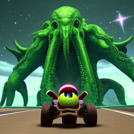 Prompt: still image of cthulhu as a playable character in mario kart, unreal engine