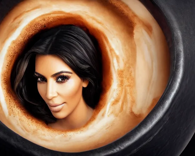 Image similar to Kim Kardashian inside a giant cup of coffee, cinematic, highly detailed, HD, 4K, professional image, professional lighting