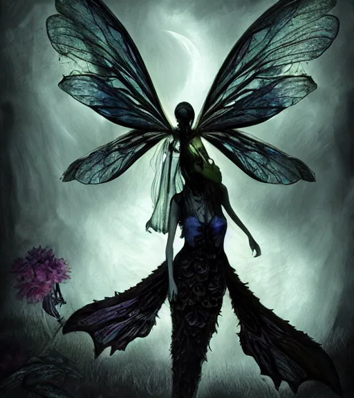 Image similar to gothic fairy with dragonfly wings, digital painting, liminal eerie midnight backlit, a picture taken by Michael Komarck