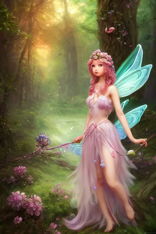 Image similar to a cute fairy in the dreamy forest, fantasy, 8 k resolution, hyper detailed, d & d, character design, digital painting, trending on artstation, sharp focus, illustration, art by artgerm, steve zheng, fuji choko, viktoria gavrilenko, hoang lap