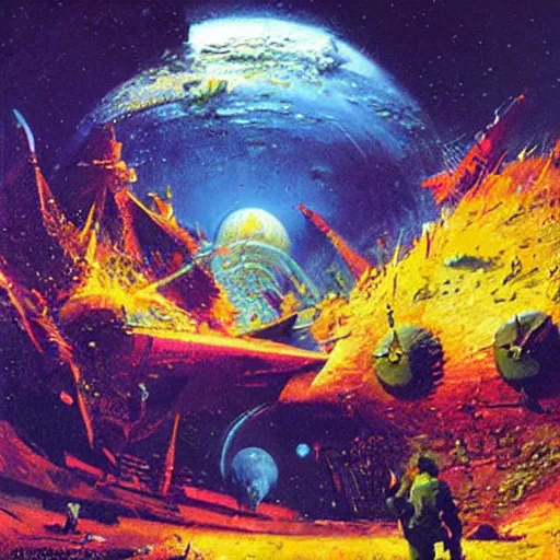 Image similar to illustration by paul lehr, james gurney and bruce penningtonn