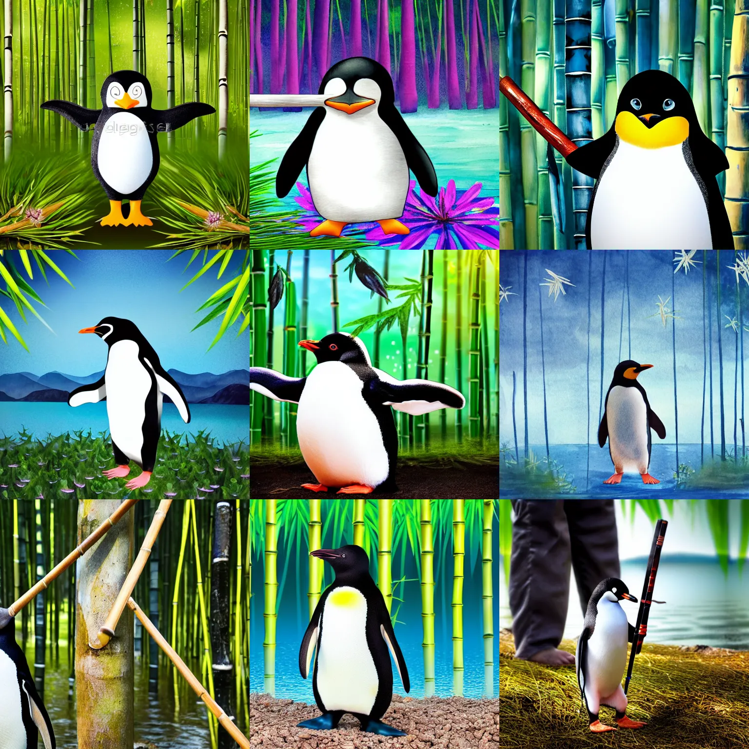 Prompt: Penguin holding an nunchaku standing in the middle of an bamboo forest next by a lake with beautiful sea flowers, warm ambient light, watercolored