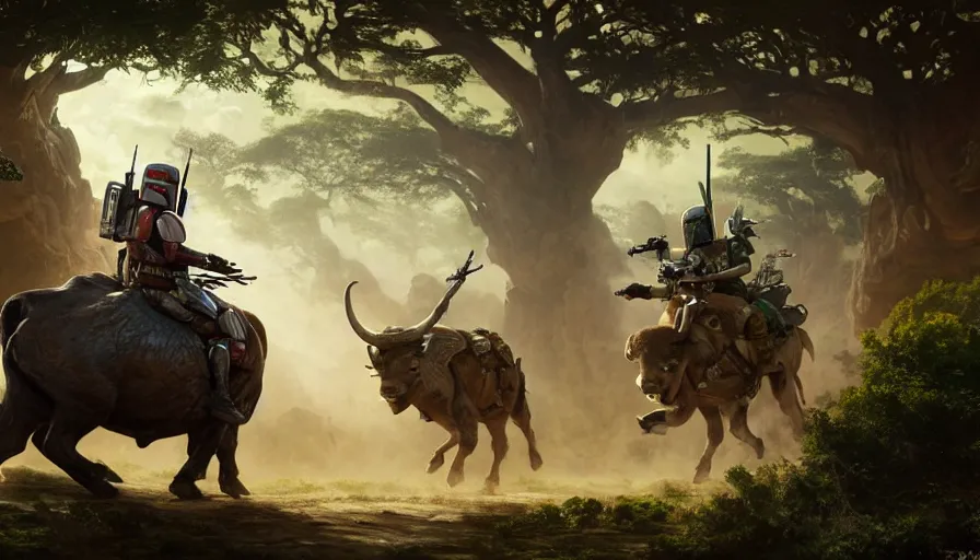 Prompt: boba fett riding a buffalo through madagascar with baobabs trees, animals chasing, action scene, an epic fantasy, artgerm and greg rutkowski and alphonse mucha, an epic fantasy, volumetric light, detailed, establishing shot, cinematic, photorealistic, hyper detailed, ultra realistic, trending on art station, octane render, midsommar