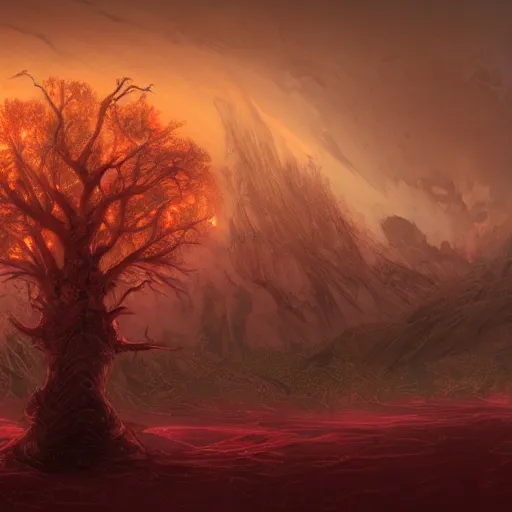 Image similar to Epic portrait doomsday earth full of dead trees and wasteland desert, red sky, red giant sun in front, blurred background, digital painting, artstation, concept art, soft light, hdri, smooth, sharp focus, illustration, fantasy, intricate, elegant, highly detailed, D&D, matte painting, in the style of Greg Rutkowski and Alphonse Mucha and artemisia, 8k, highly detailed, jurgens, rutkowski, bouguereau, pastoral, rustic, georgic