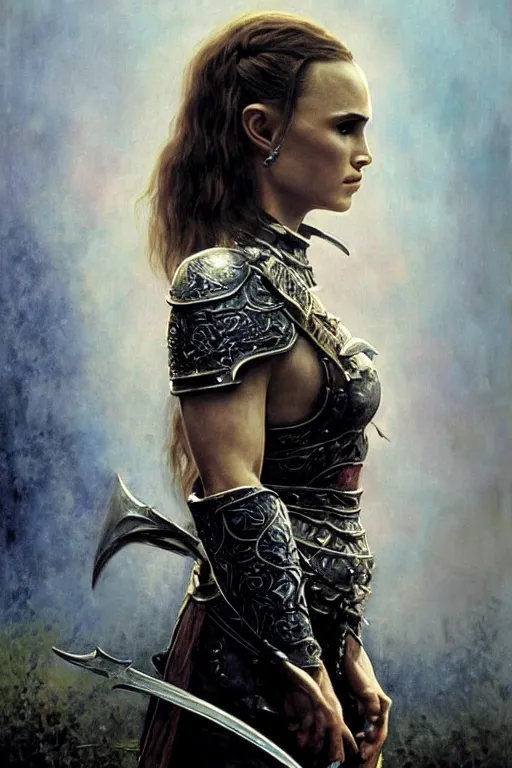 Prompt: natalie portman, legendary warrior, heroic, lord of the rings, tattoos, decorative ornaments, battle armor, by omar ortiz, valeri tsvetkov, carl spitzweg, ismail inceoglu, vdragan bibin, hans thoma, greg rutkowski, alexandros pyromallis, perfect face, fine details, realistic shading photorealism