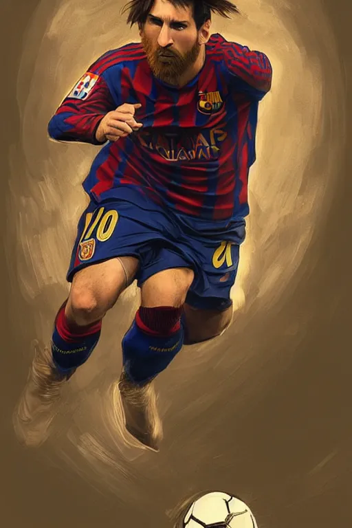 Image similar to male cottagecore lionel messi holding a soccer ball, intricate, swagger, highly detailed, digital painting, artstation, concept art, smooth, sharp, focus, illustration, art by artgerm and greg rutkowski and alphonse mucha