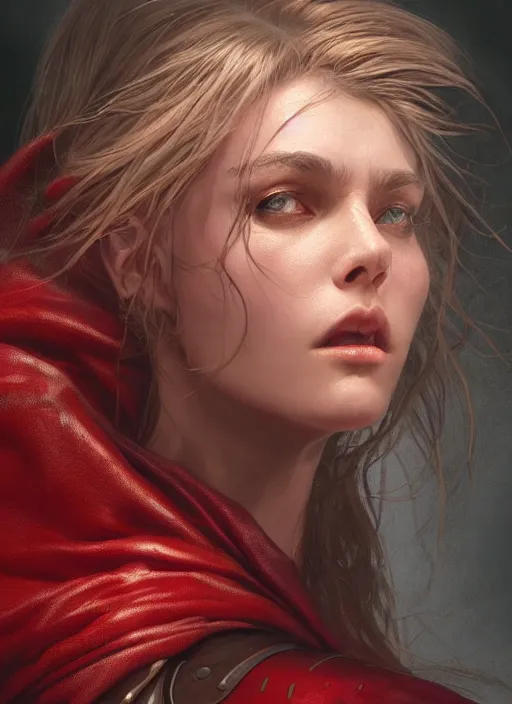 Image similar to vertical portrait of a ruggedly handsome female cleric, soft hair, close - up face, leather, witchy, d & d, fantasy, intricate, elegant, highly detailed, digital painting, artstation, concept art, smooth, sharp focus, illustration, art by artgerm and greg rutkowski and alphonse mucha, plain red background