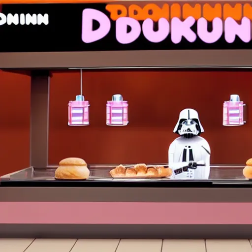 Image similar to darth vador working at dunkin donuts , 8k cinematic lighting, very sharp detail, anatomically correct