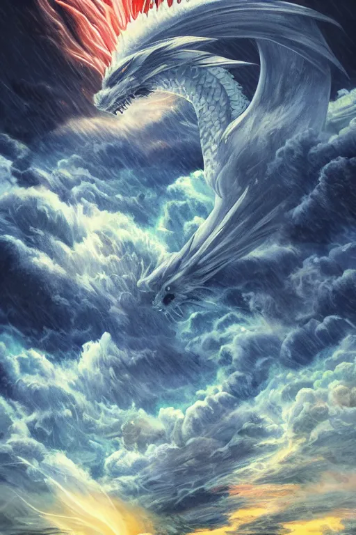 Image similar to Japanese poster art of a white dragon in front of the sea during a storm, cliffs, clouds, thunder, 4k, colourful